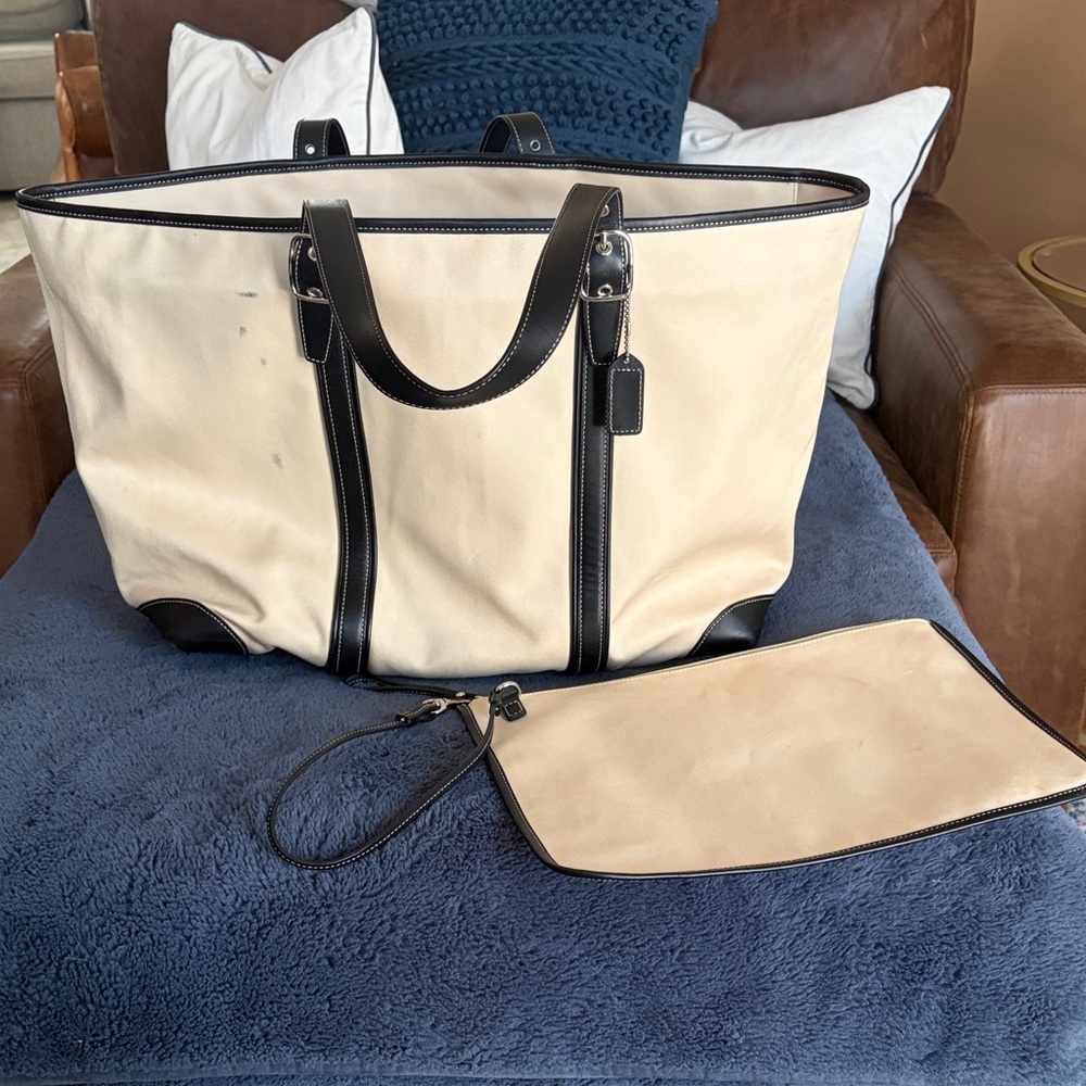 Vintage Coach Hampton Canvas Tote Bag in Cream with Black Leather Handles &Trim